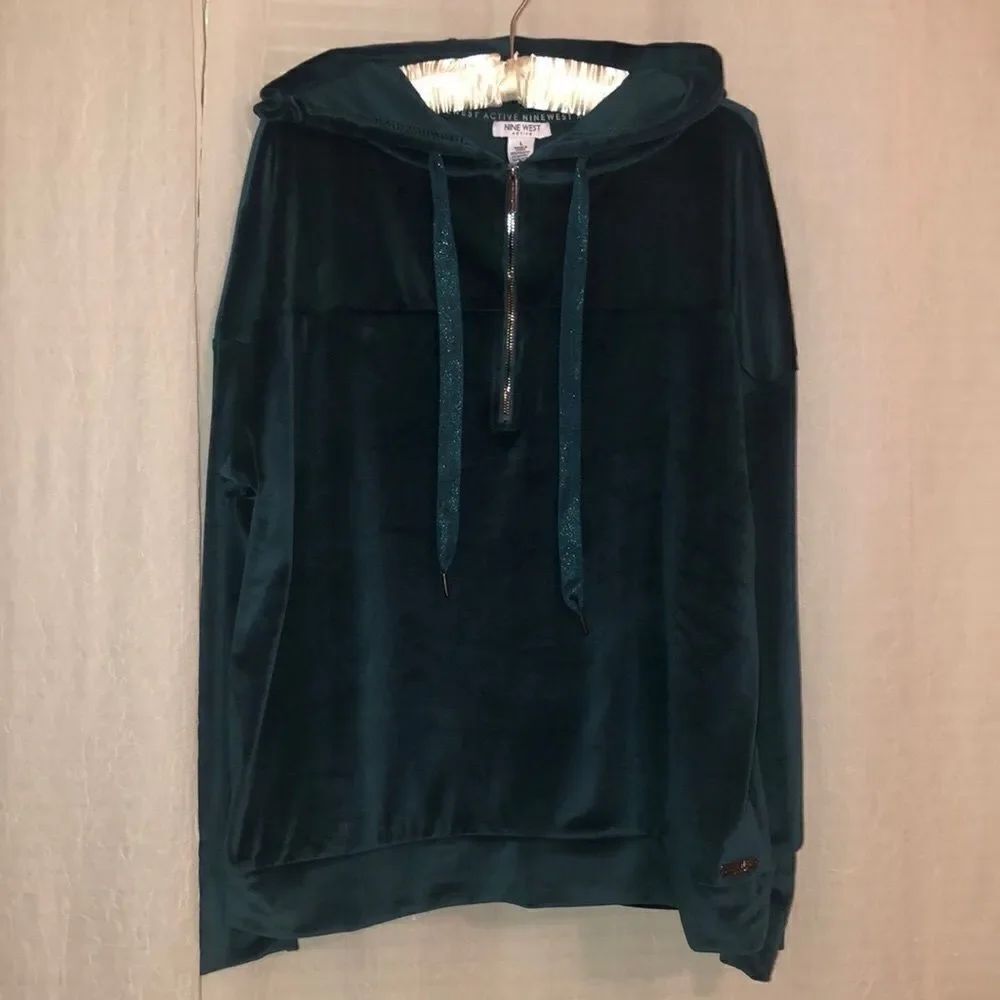 Nine West L Active Velvet Dark Teal Quarter Zip Pullover Hoodie Loungewear